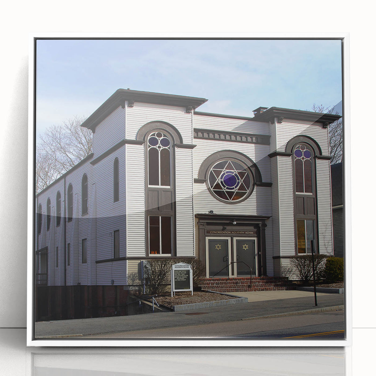 Mid-century modernist synagogue design in muted earth tones on a white acrylic framed print.