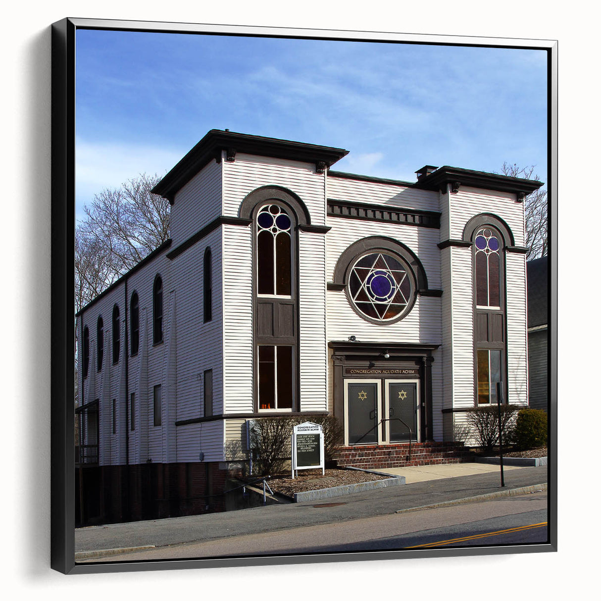 Black and white framed canvas of a vintage synagogue design, ideal for bedroom wall decor.