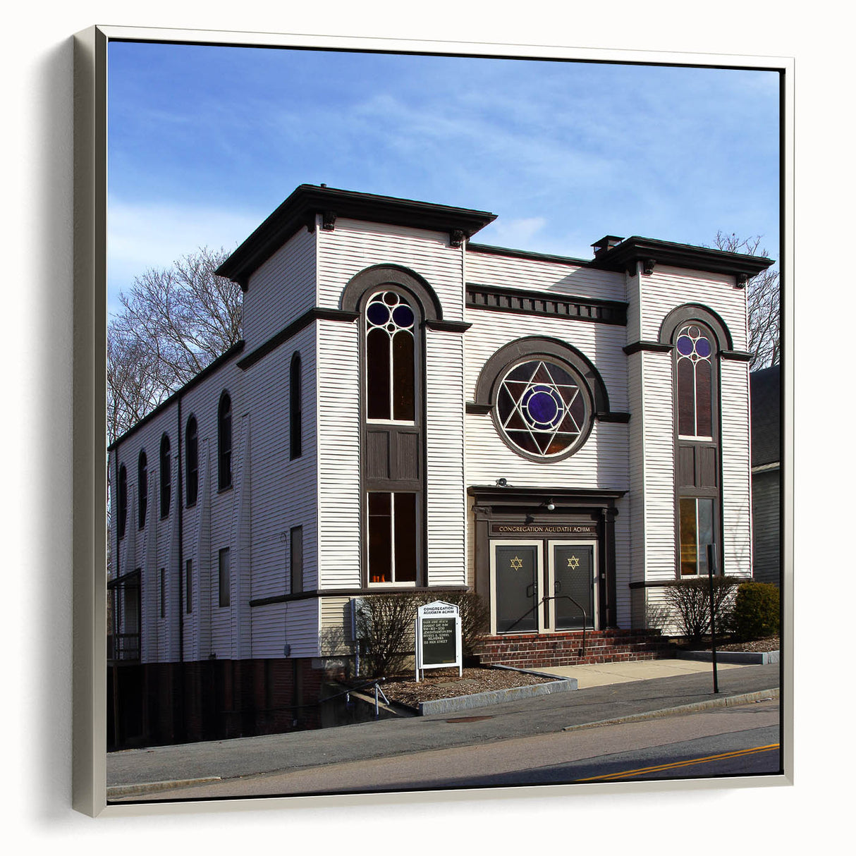 Vintage poster art of a synagogue in muted colors, framed canvas, ideal for extra large living room wall decor.