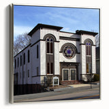 Vintage poster art of a synagogue in muted colors, framed canvas, ideal for extra large living room wall decor.