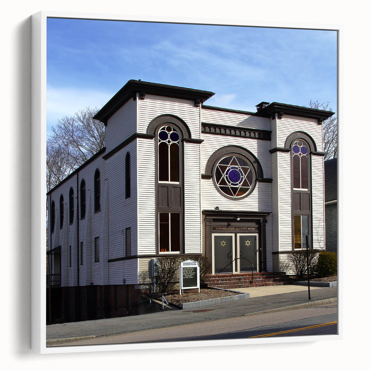 Framed canvas of a vintage synagogue design in black and white, ideal for bedroom wall art.