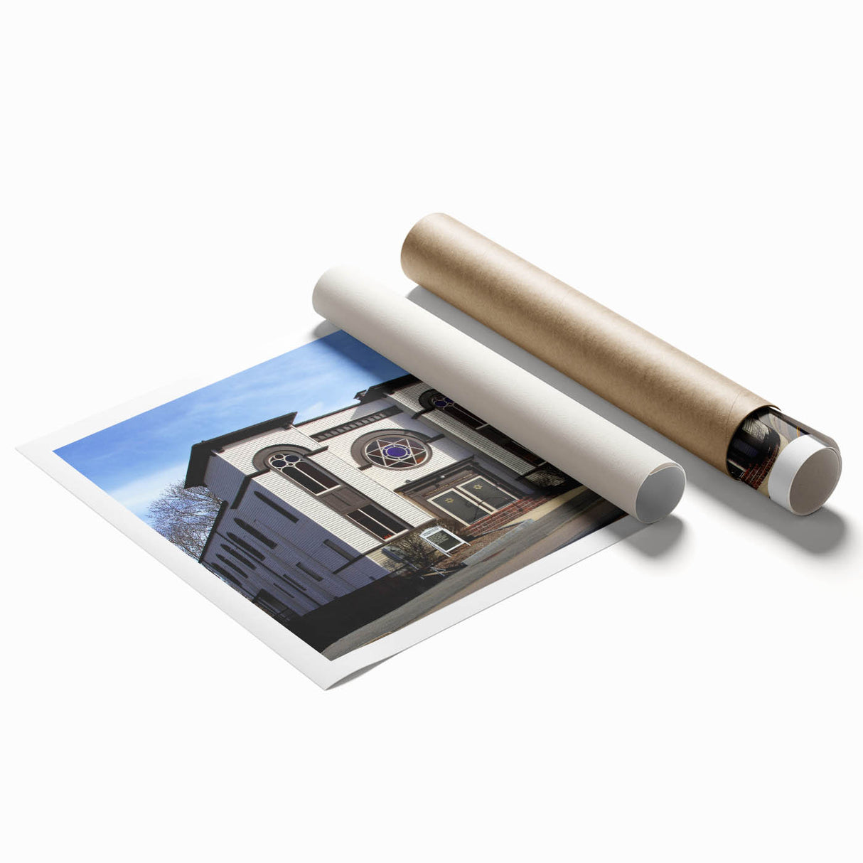 Extra large rolled print of a detailed floral synagogue design in muted colors.