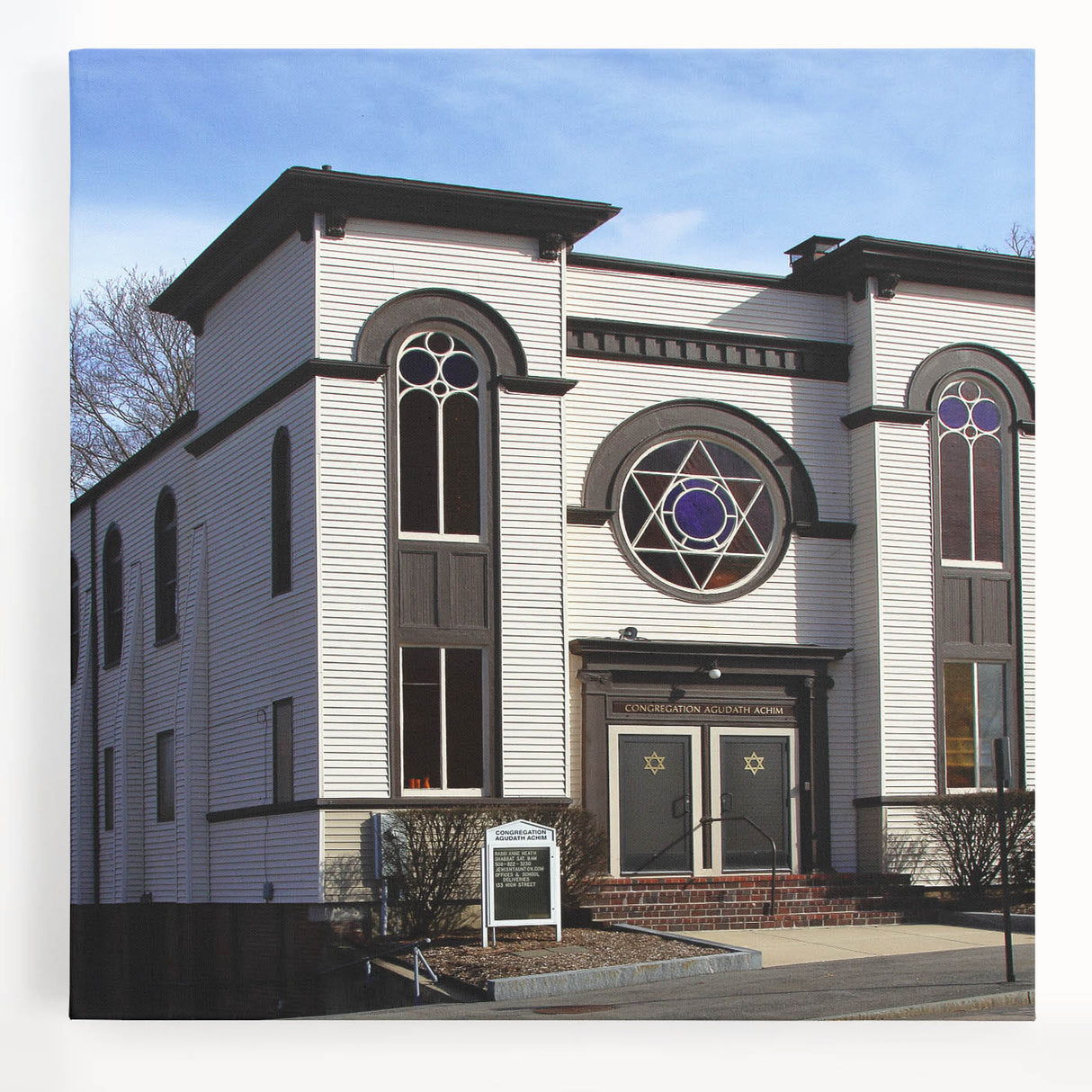 Black and white stretched canvas featuring a detailed synagogue design, ideal for kitchen wall art.