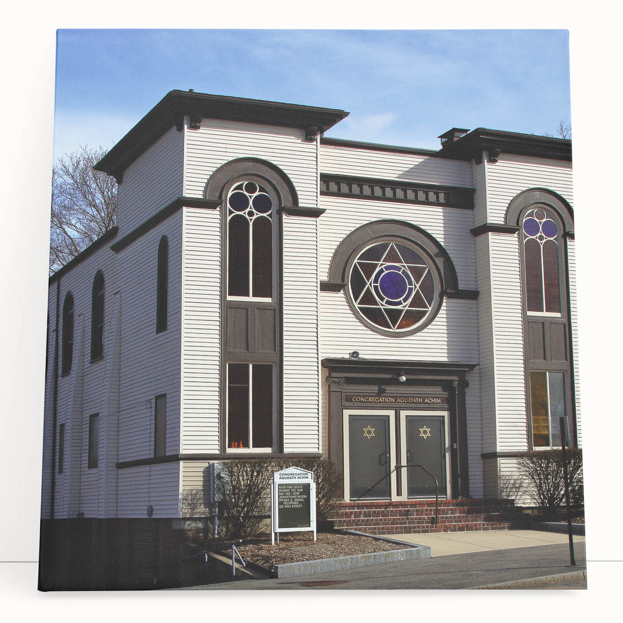 Black and white image of a synagogue on stretched canvas, ideal for kitchen wall art or bedroom decor.