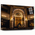 Abstract synagogue design in muted blue and gray tones on acrylic glass, suitable for dining room or bedroom wall art.