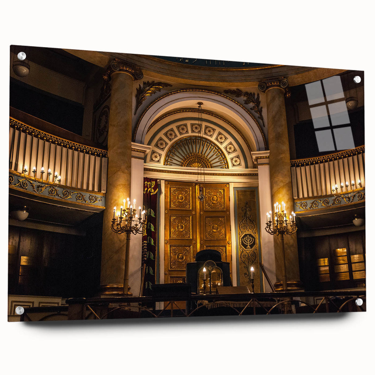 Abstract synagogue design in muted blue and gray tones on acrylic glass, suitable for dining room or bedroom wall art.