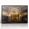 Large abstract wall art depicting a synagogue in mid-century modernist style with muted gray and blue tones.