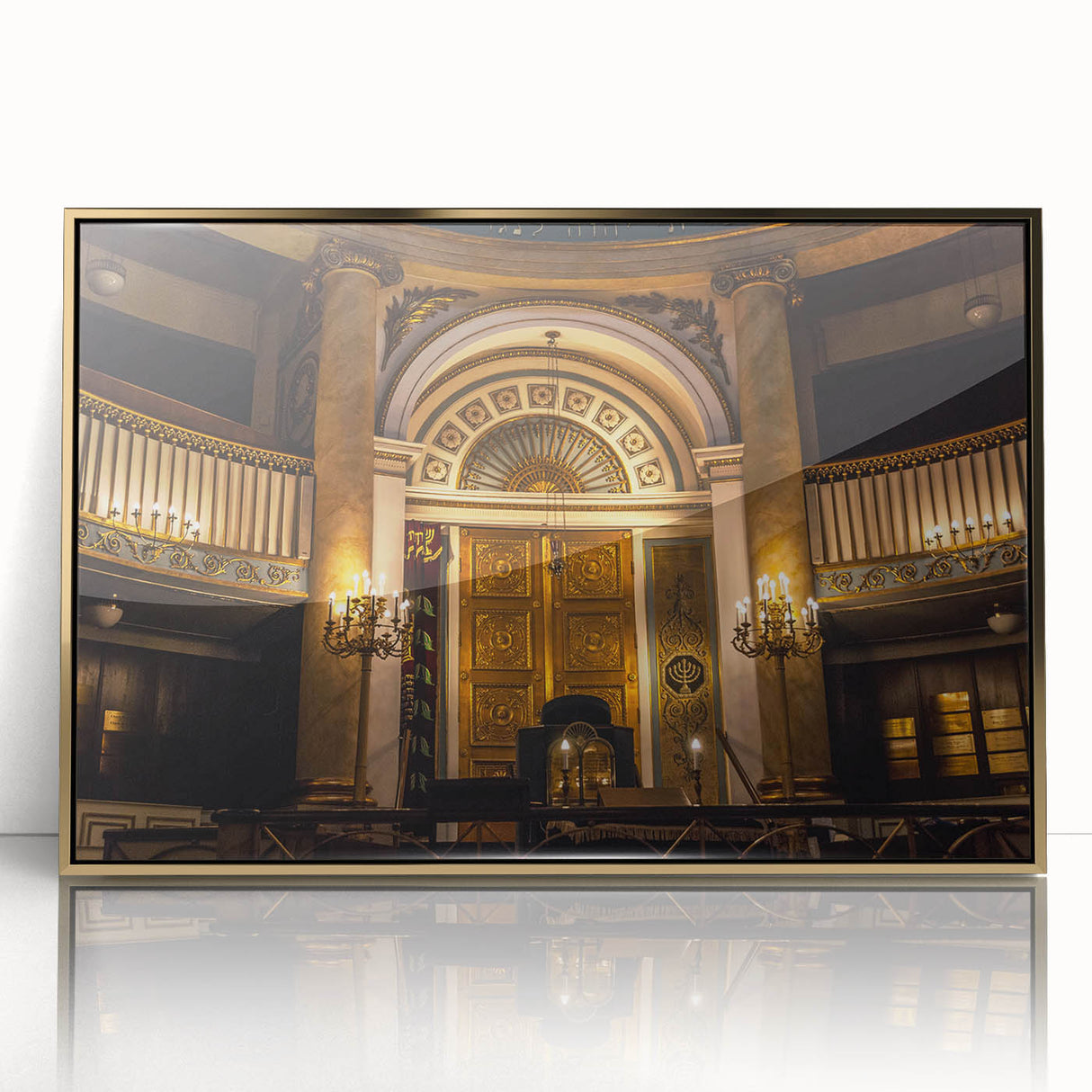 Mid-century modernist art depicting a synagogue in muted gold tones on a framed acrylic, suitable for nursery wall decor.
