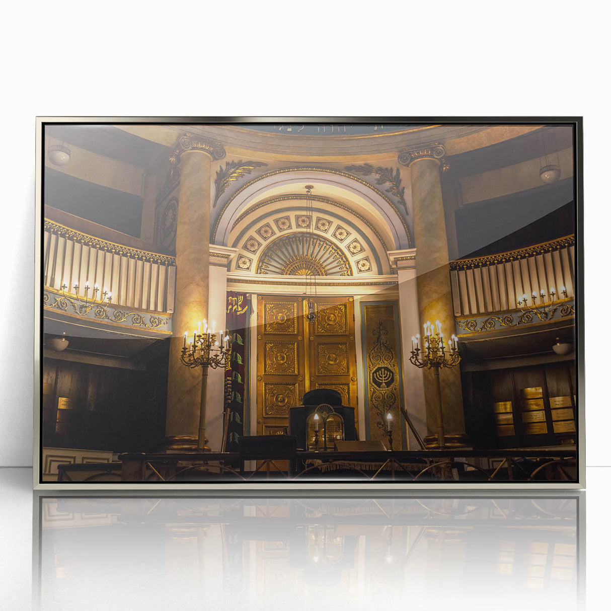 Art deco poster of a synagogue in silver and blue tones, acrylic print framed, suitable for modern nursery wall decor.