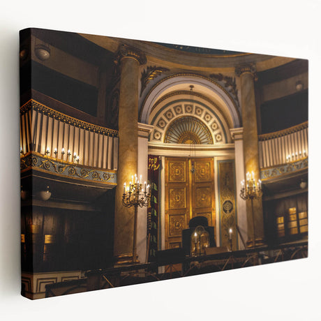Large art on stretched canvas depicting a detailed synagogue, in muted earth tones, ideal for kitchen wall art.