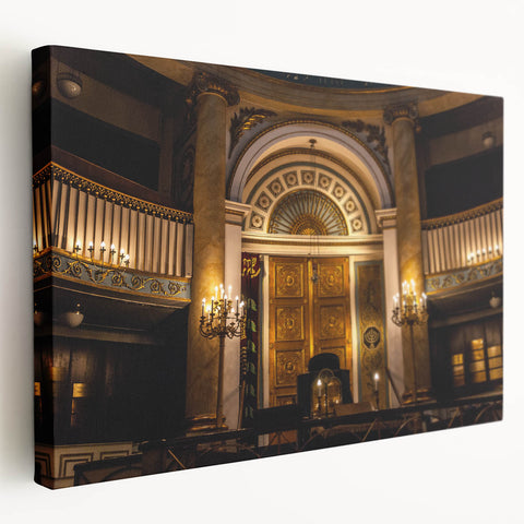 Large art on stretched canvas depicting a detailed synagogue, in muted earth tones, ideal for kitchen wall art.