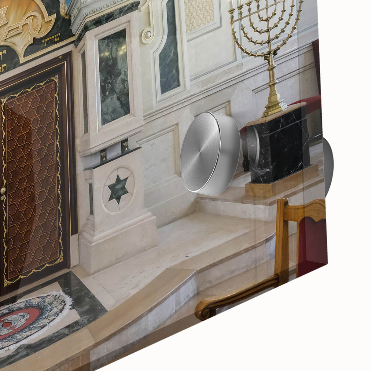 Large abstract wall art depicting a synagogue in mid-century modernist style on acrylic glass, ideal for dining room art.