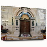Acrylic print of a large abstract synagogue design in muted gray and blue tones, suitable for bedroom or dining room decor.