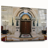 Large abstract wall art on acrylic featuring a detailed synagogue design in muted earth tones.