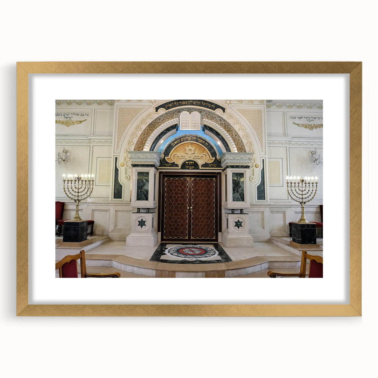 Abstract textured art print of a synagogue in muted gold and brown tones on a framed canvas, suitable for bedroom decor.