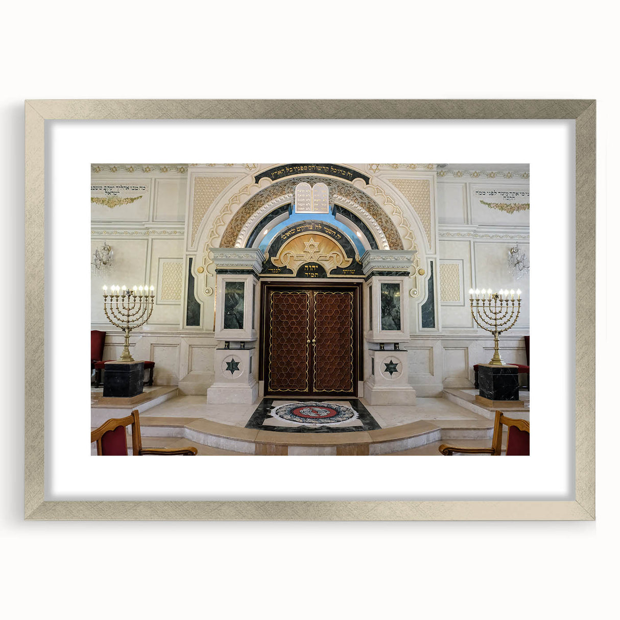 Abstract art print of a synagogue in muted silver and gray tones on a framed poster, ideal for dining room decor.