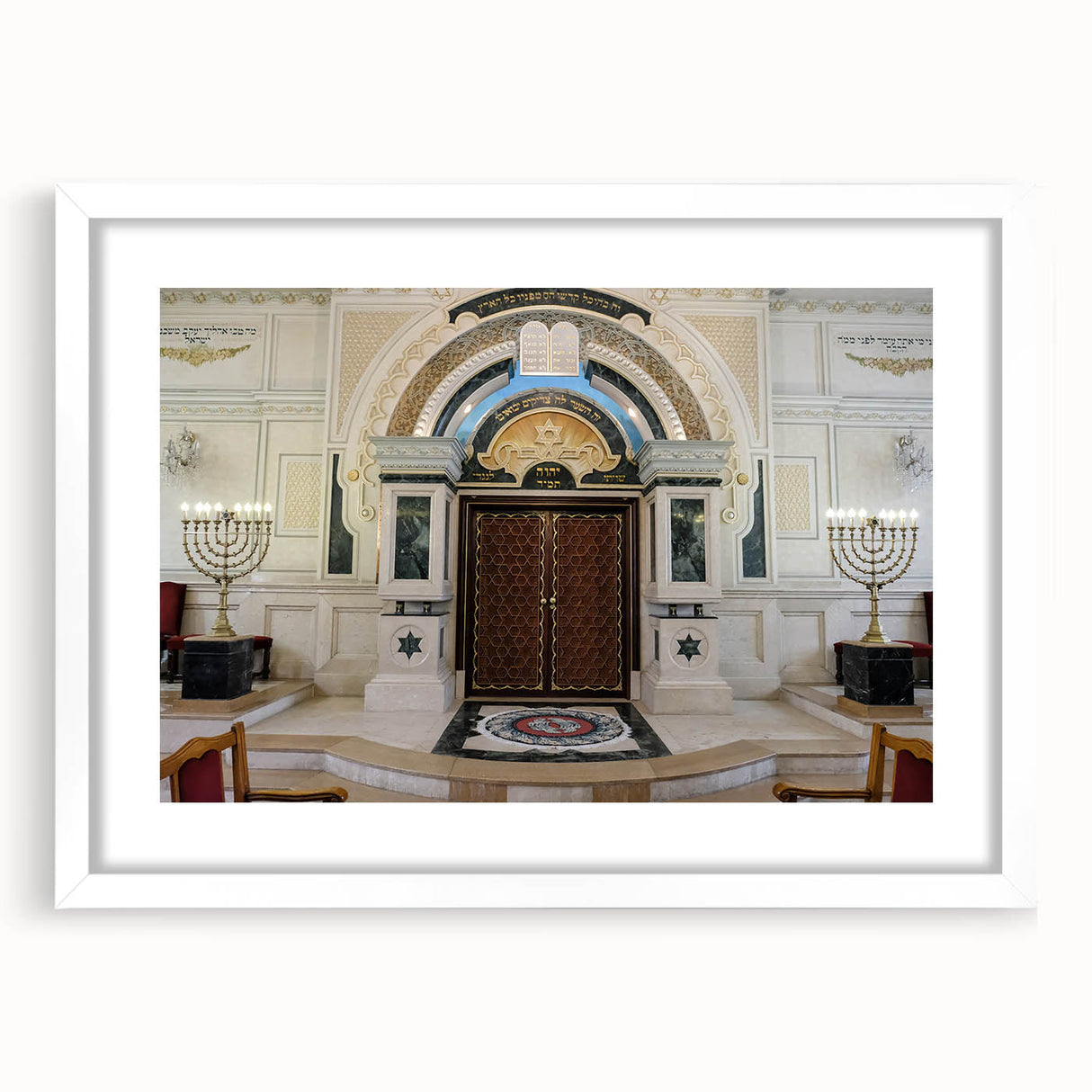 Extra large abstract art print of a synagogue, featuring textured brush strokes in muted earth tones.