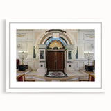 Extra large abstract art print of a synagogue, featuring textured brush strokes in muted earth tones.