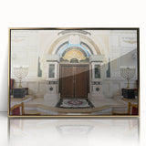 Mid-century modernist art of a synagogue in muted gold and white tones on framed acrylic, suitable for nursery wall decor.