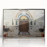 Art Deco poster of a synagogue, featuring geometric shapes in silver and gray tones, framed in acrylic.