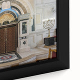 Extra large black wall art featuring a colorful, textured synagogue design on a framed canvas.
