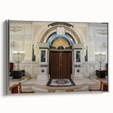 Vintage poster art of a synagogue in colorful hues on a large framed canvas, ideal for living room decor.