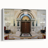 Framed canvas of a vintage synagogue landscape in black and white, ideal for bedroom wall art.