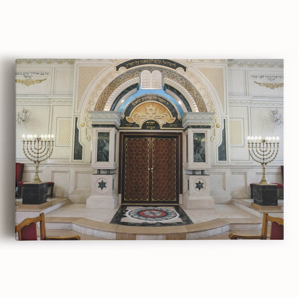 Black and white print of a synagogue on stretched canvas, suited as large kitchen wall art.