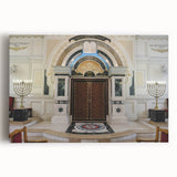 Black and white print of a synagogue on stretched canvas, suited as large kitchen wall art.
