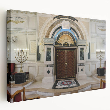Large canvas print featuring a detailed synagogue design in muted earth tones, ideal for kitchen wall art.