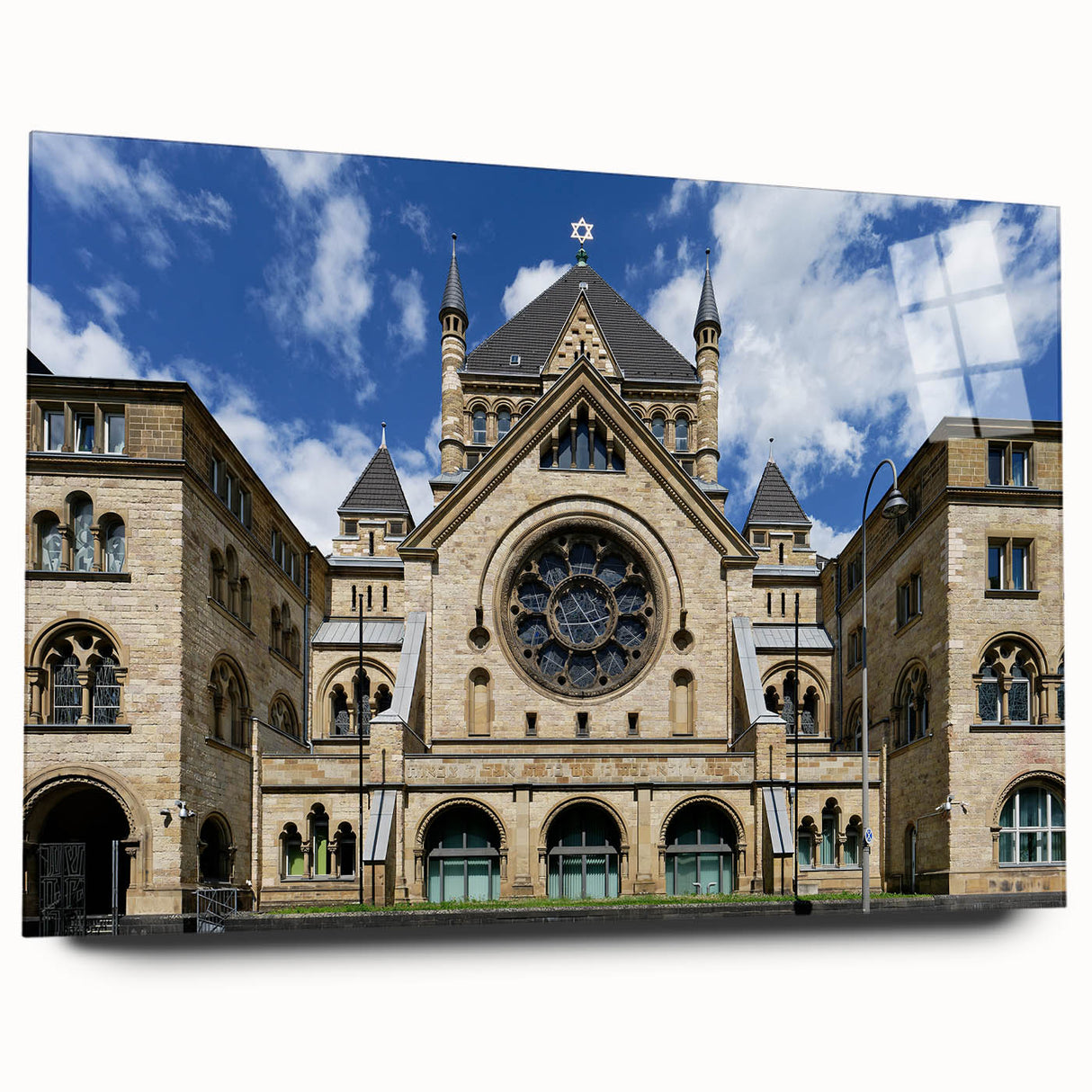 Acrylic print of a large abstract synagogue design in muted earth tones, ideal for bedroom or dining room art.