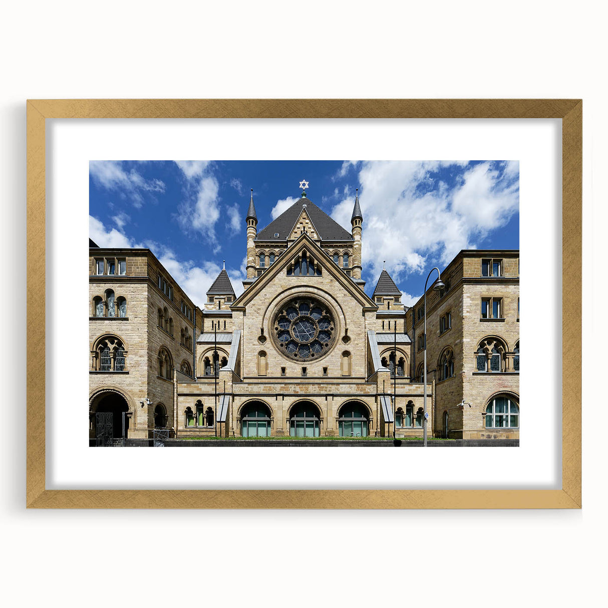Textured art depicting an abstract synagogue design in muted gold and white tones on a framed mat, ideal for bedroom art.