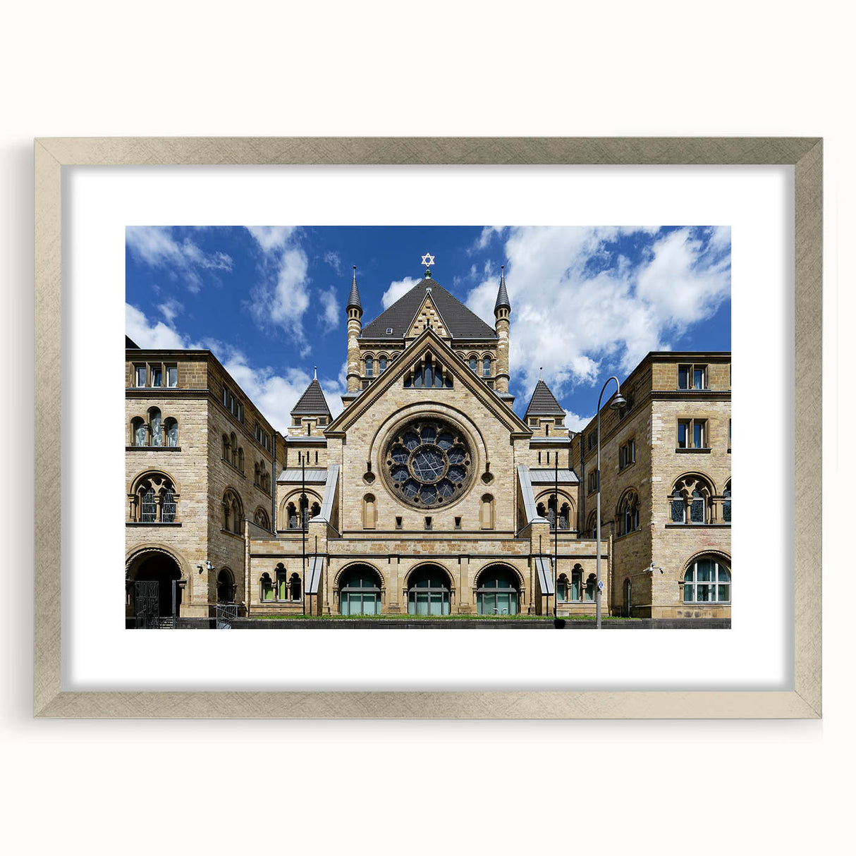 Abstract art print of a synagogue in silver hues on a framed poster, ideal for dining room decor.