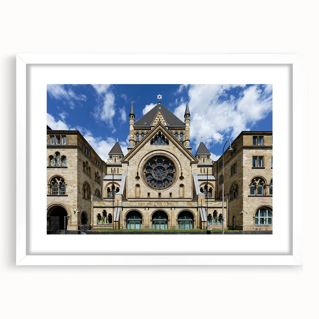 Extra large abstract art print featuring a textured depiction of a synagogue in muted earth tones on a framed white mat.