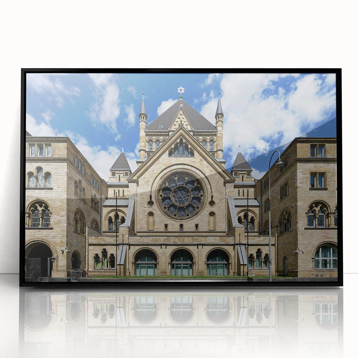 Large abstract wall art depicting a synagogue, in black and white tones on a framed acrylic.