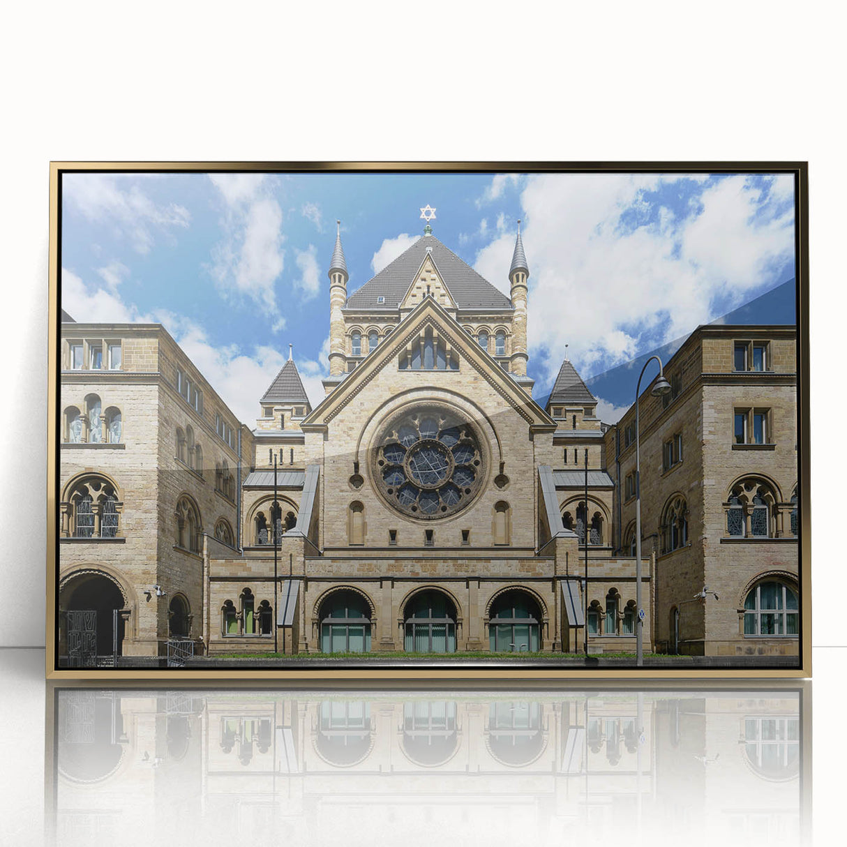 Mid-century modernist art of a synagogue in gold and white tones on a framed acrylic, ideal for nursery wall decor.