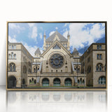 Mid-century modernist art of a synagogue in gold and white tones on a framed acrylic, ideal for nursery wall decor.