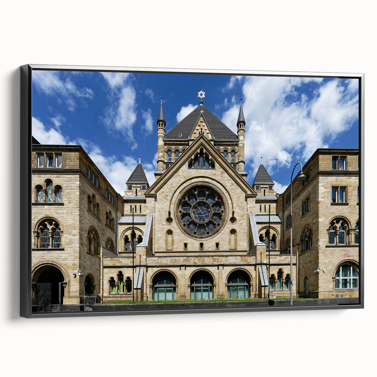 Black and white vintage poster art of a synagogue on framed canvas, ideal for bedroom wall art.