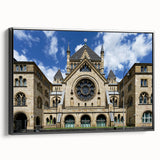 Black and white vintage poster art of a synagogue on framed canvas, ideal for bedroom wall art.