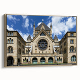 Framed canvas featuring a vintage poster of a colorful synagogue landscape, ideal for adding a cultural touch to any room.