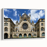 Framed canvas depicting a vintage-style synagogue in a black and white landscape, ideal for bedroom wall art.