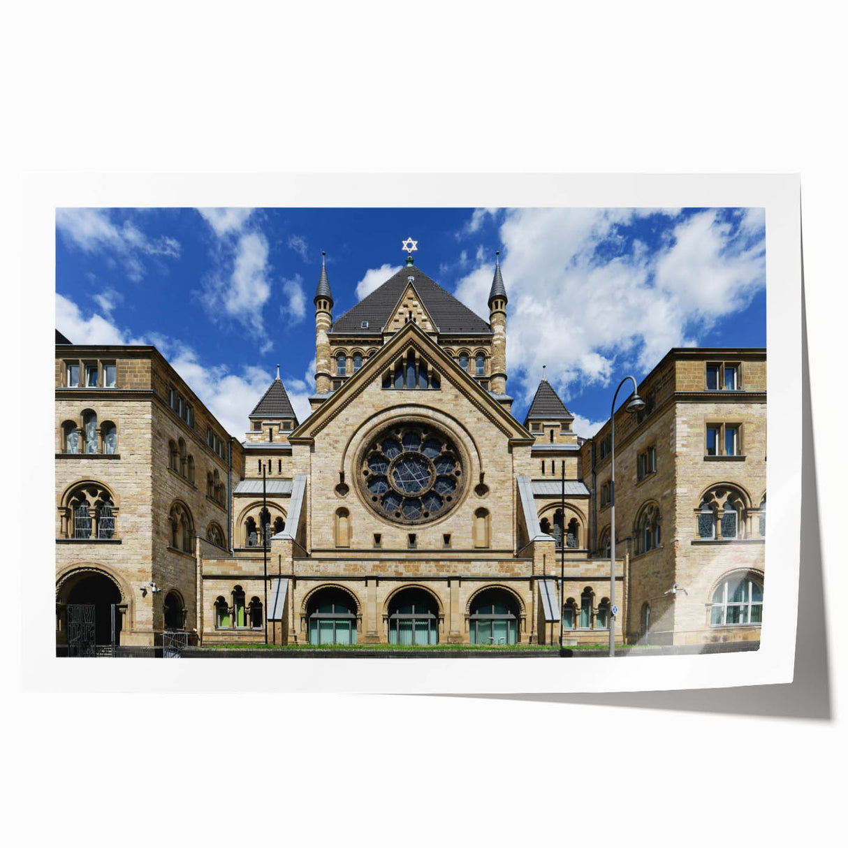 Extra large floral art on a rolled print featuring a detailed synagogue design in muted earth tones.