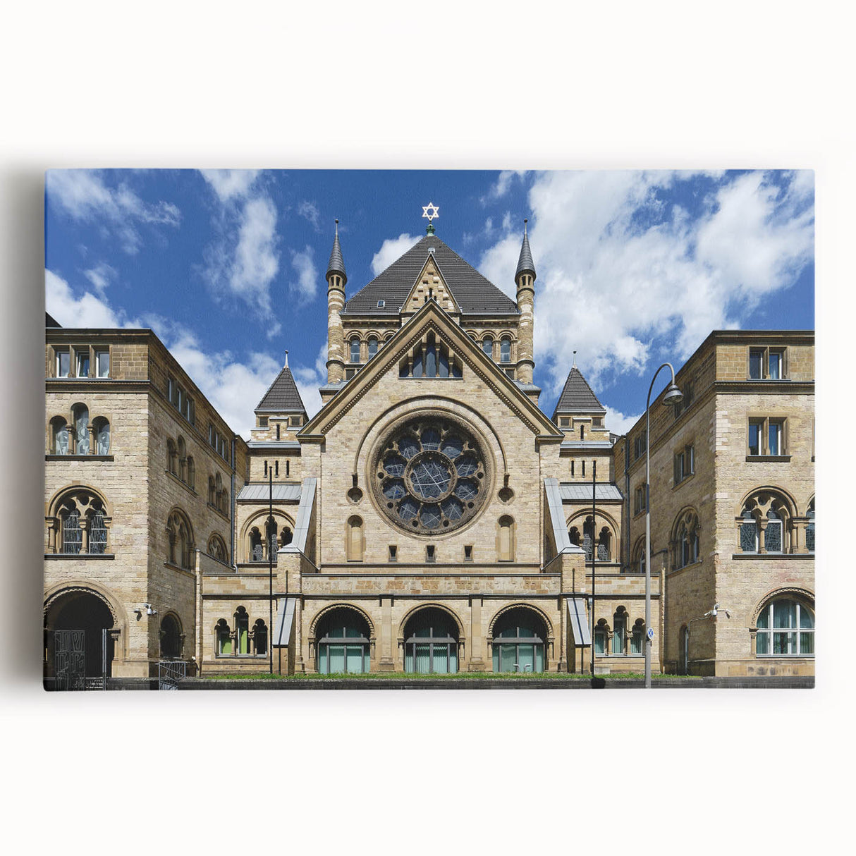 Black and white stretched canvas featuring a large, detailed illustration of a synagogue, ideal for kitchen wall art.