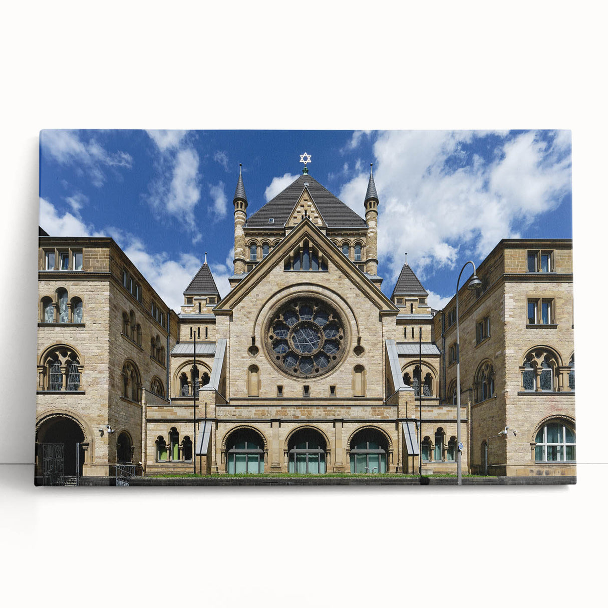 Black and white stretched canvas featuring a large synagogue design, ideal for kitchen wall art or bedroom decor.