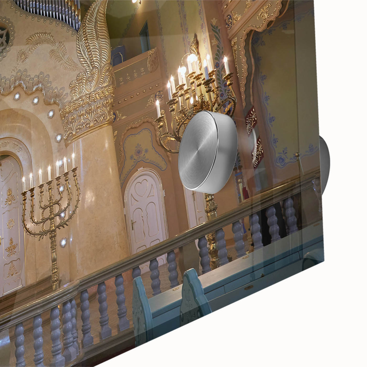 Mid-century modernist large abstract wall art of a synagogue on acrylic glass, in muted gray tones.