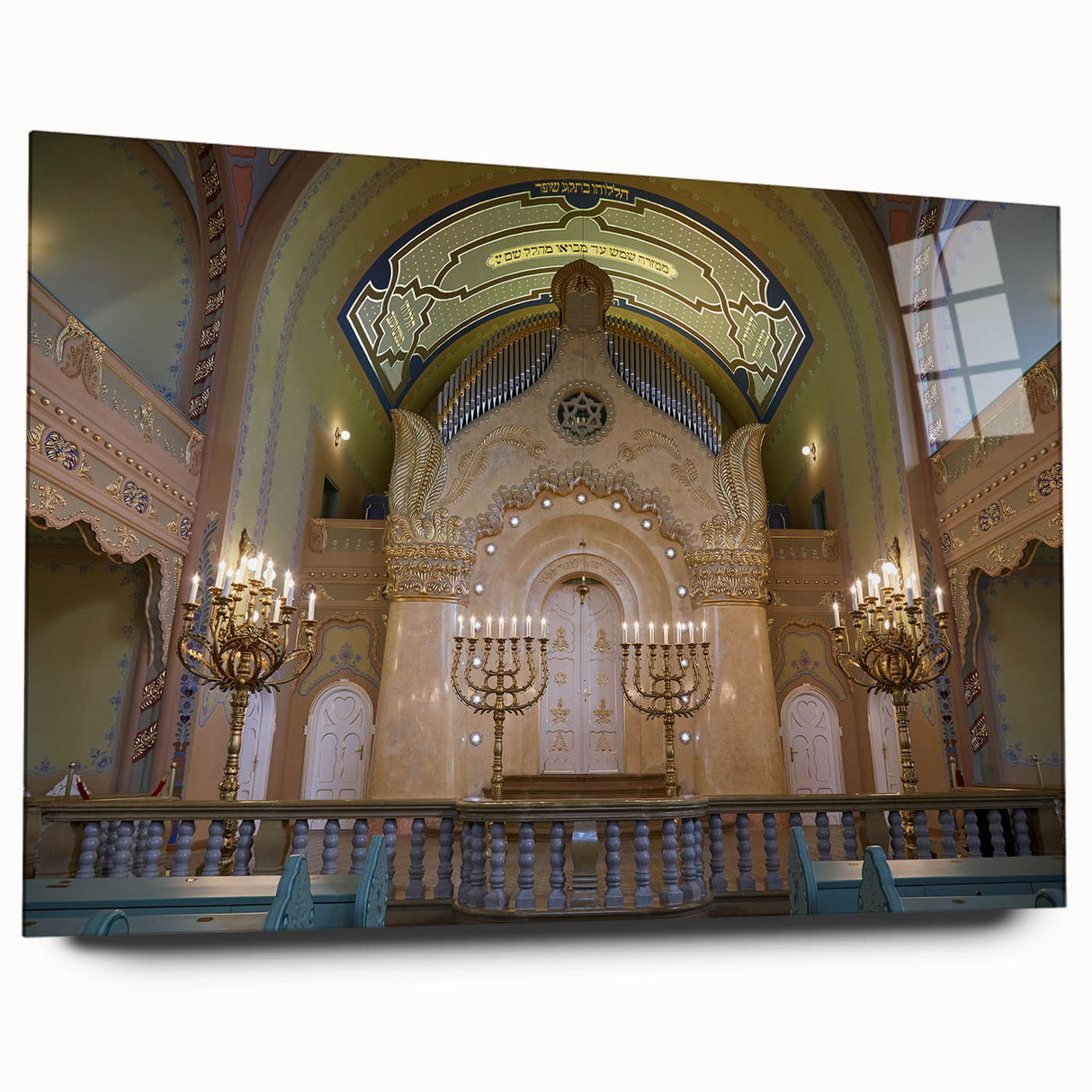 Large abstract wall art of a synagogue in muted gold and blue tones on acrylic glass, ideal for bedroom or dining room decor.