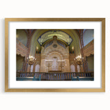 Textured art print of an abstract synagogue in gold and white tones on a framed mat, suitable for bedroom art.