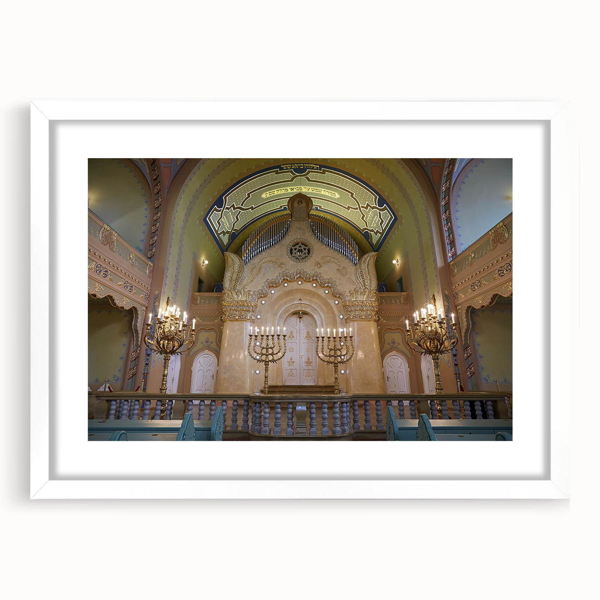 Extra large abstract art print featuring a textured depiction of a synagogue, in muted earth tones, framed with a white mat.