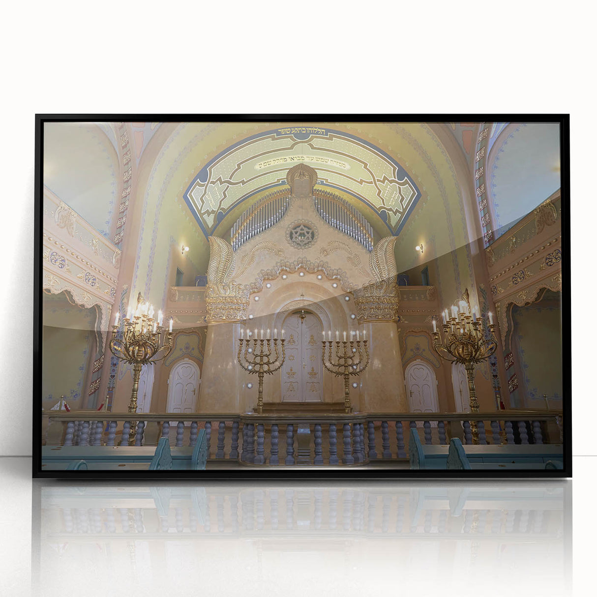 Large abstract wall art featuring a mid-century modernist synagogue design in muted earth tones on a black framed acrylic…