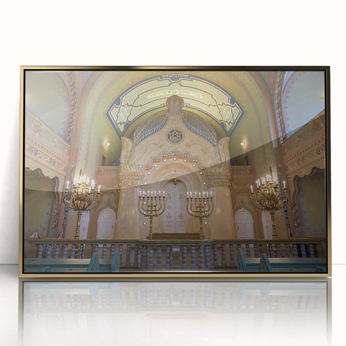 Mid-century modernist art depicting a synagogue in acrylic with gold accents, ideal for nursery wall art.
